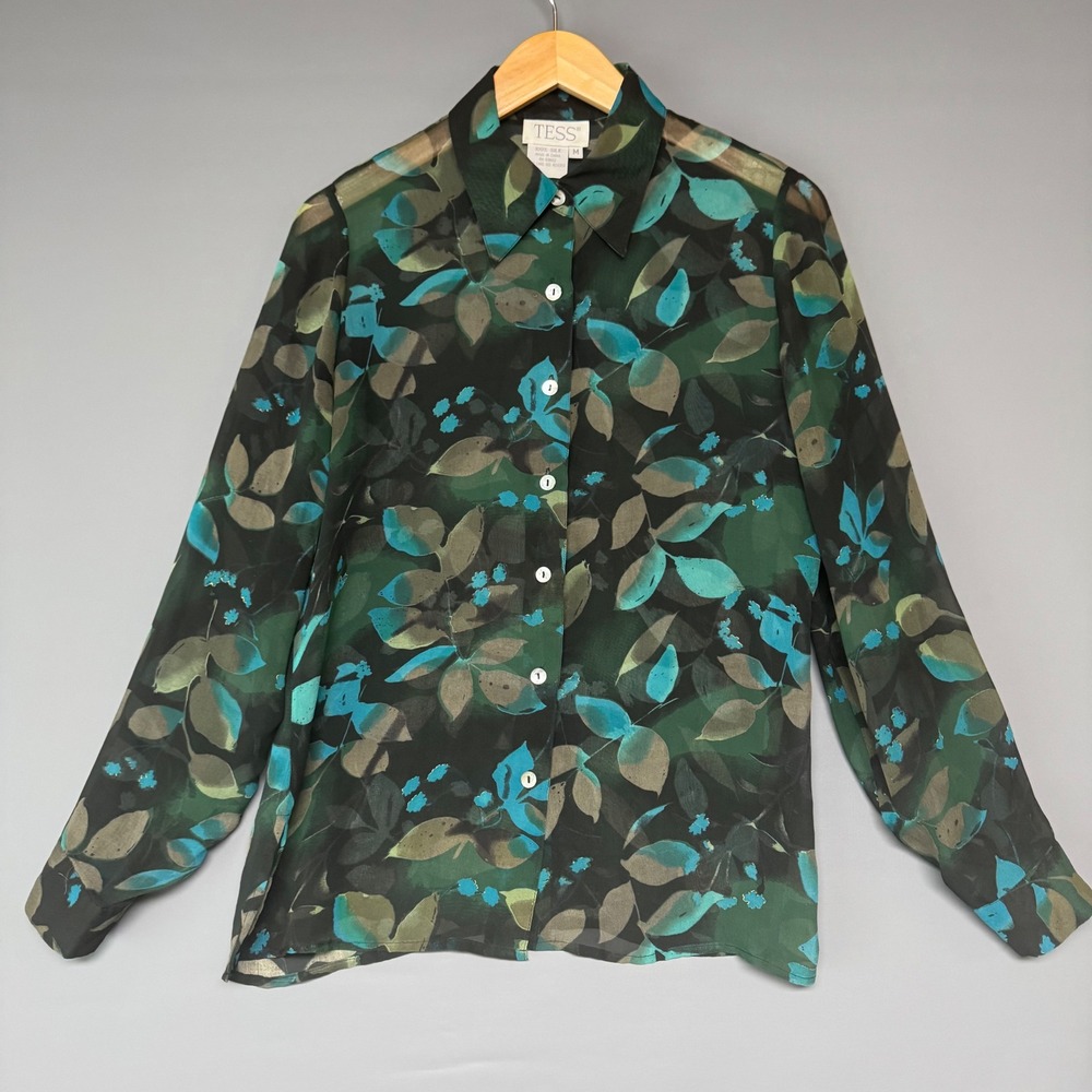 TESS Vintage 100% Silk Blouse Green Teal Leaf Print Button Up Shirt Womens M